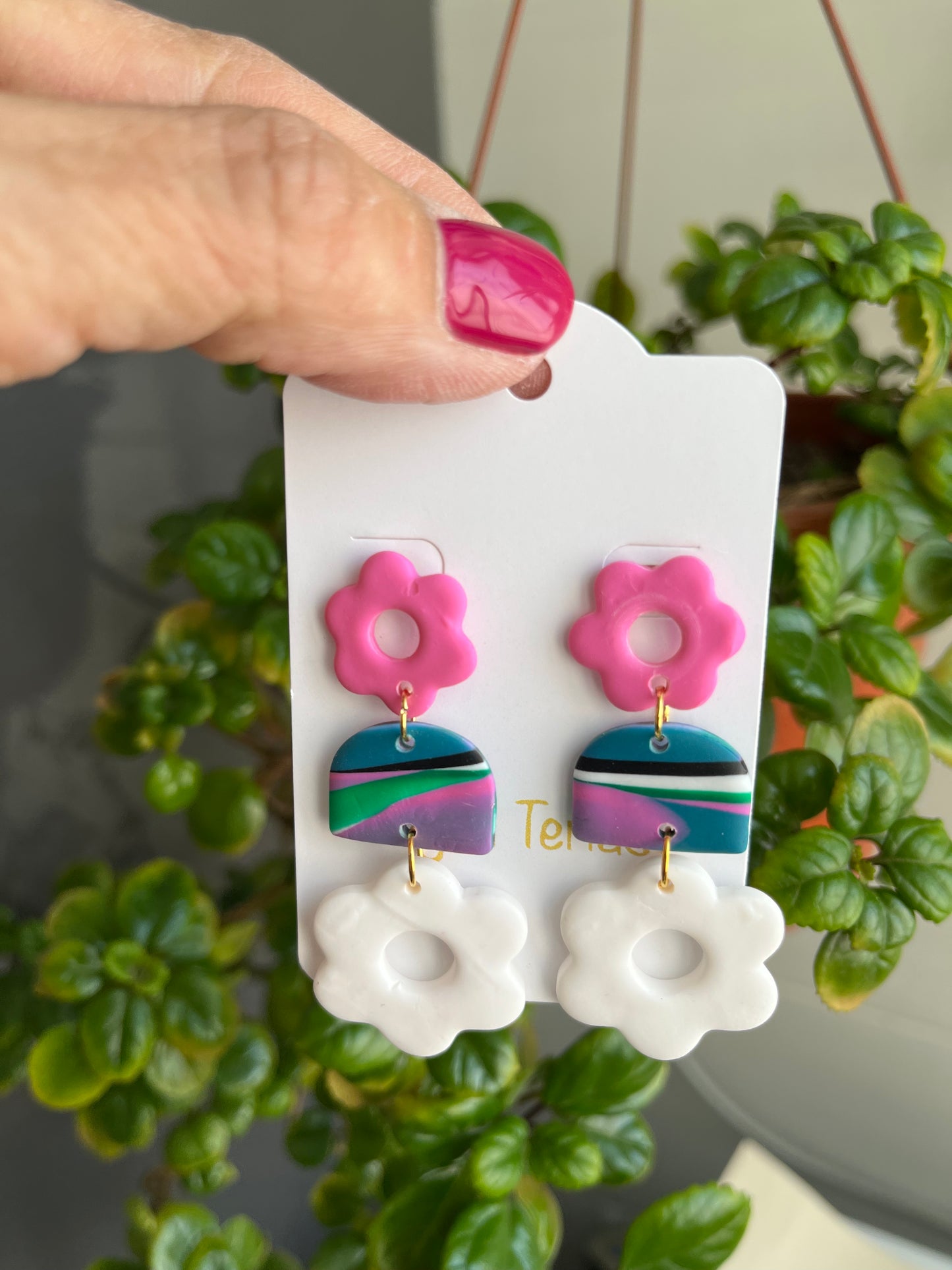 Pendientes Flor Fucsia/Blanco