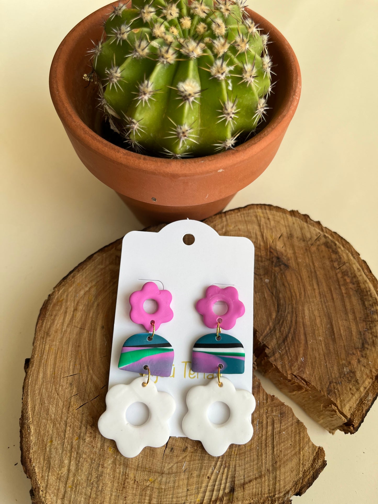 Pendientes Flor Fucsia/Blanco