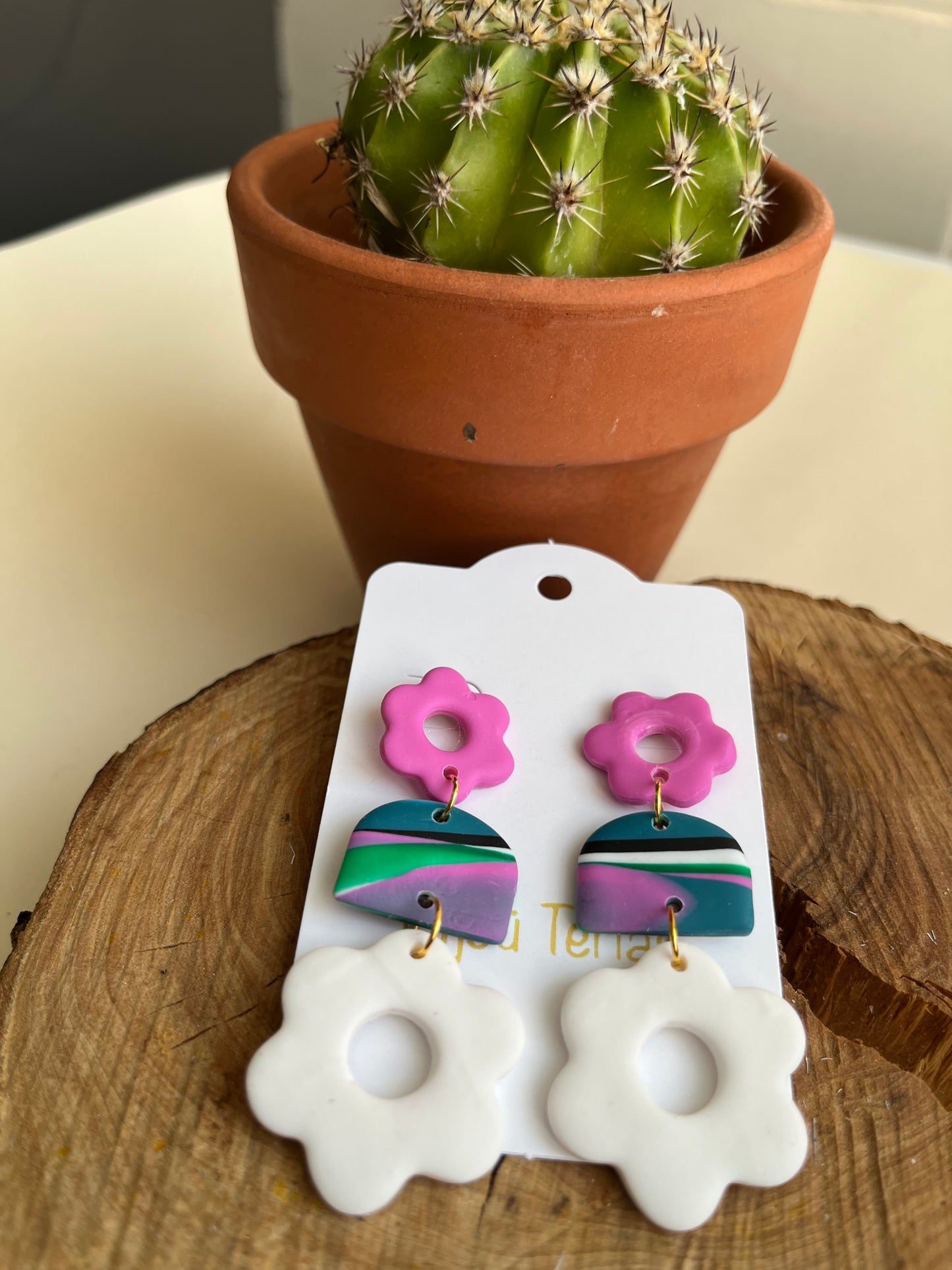 Pendientes Flor Fucsia/Blanco